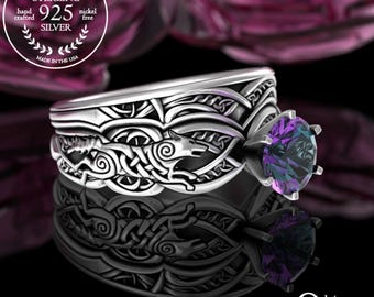 Alexandrite Wolves Bridal Matching Set, Sterling Irish Wolf Wedding Rings, Women's Wolf Guardians Solitaire, Stacking Viking Bride 3177 1971