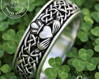 Wide Classic Claddagh Ring - Irish Groom, Sterling Men's Handfasting Ring, Silver Scottish Man Wedding Band, Woven Heart Braid Jewelry, 3323