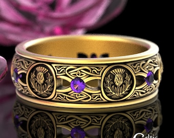 Gold Amethyst Scottish Thistle Wedding Ring, 10K Celtic Thistle Mens Ring, 14K Gold Thistle Wedding Band, 10K Gold Irish Amethyst Ring, 4409