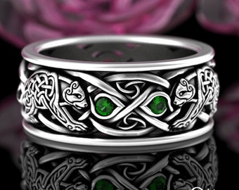 Emerald Nordic Bears Ring, Sterling Bear Soulmate Wedding Band, Welsh Wedding Ring, Woven Viking Bear Ring, Silver Emerald Irish Ring, 3095