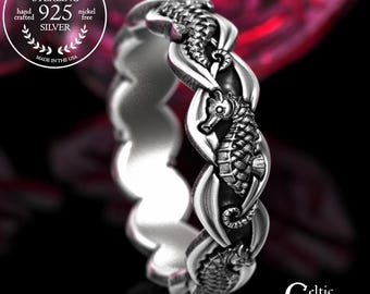 Sterling Seahorse Ring for Woman, Nautical Wedding Band, Marine Life Animal Jewelry, Silver Bride Ocean Ring, 2100