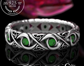 Celtic Emerald Wedding Ring, Infinity Knot Ring in Sterling Silver, Celtic Wedding Band, Silver Emerald Celtic Ring, Infinity Band, 1409