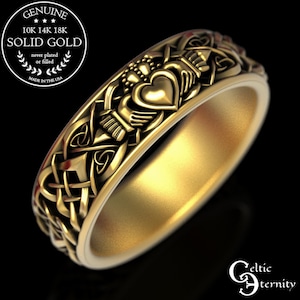 Womens Gold Claddagh Wedding Ring, 10K Claddagh Ring, 14K Claddagh Ring, 10K Celtic Heart Ring, 14K Irish Heart Ring, 18K Celtic Ring, 1891
