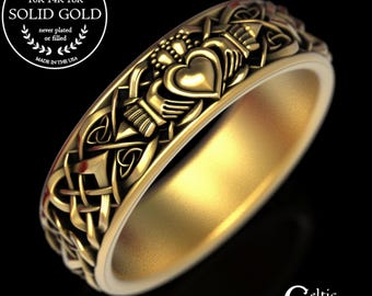Womens Gold Claddagh Wedding Ring, 10K Claddagh Ring, 14K Claddagh Ring, 10K Celtic Heart Ring, 14K Irish Heart Ring, 18K Celtic Ring, 1891