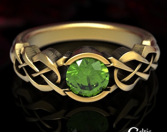 Celtic Knot Peridot Engagement Ring, Gold Celtic Ring, Peridot Solitaire Ring, Celtic Knot Ring Gold or Platinum, Irish Engagement Ring, 414