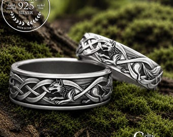 Sterling Wolves Bride & Groom Set, Silver Celtic Wolf Wedding Bands, His Hers Irish Anniversary, 2106 2111