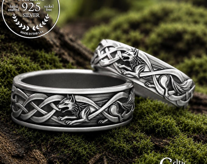 Featured listing image: Sterling Wolves Bride & Groom Set, Silver Celtic Wolf Wedding Bands, His Hers Irish Anniversary, 2106 2111