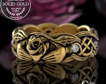Gold Bride's Celtic Rose Ring, Moissanite Irish Claddagh Ring, 14K White Gold Rose Wedding Ring, Wild Flower Heart Handfasting Ring, 3265