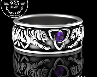 Mens Tiger Wedding Ring, Sterling Silver Amethyst Tiger Jewelry, Safari Wedding Band, Tiger Spirit Animal, King of the Jungle Ring, 3119