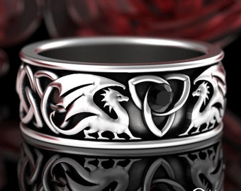 Sterling Viking Dragon Ring, Mens Dragon Wedding Band, Black Spinel Celtic Dragon Ring, Nordic Mens Ring, Silver Irish Black Dragon, 3052