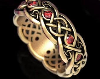 Infinity Wedding Band With Rubies, Gold Celtic Ring, Unique Wedding Ring, Celtic Wedding Band, Made 10K 14K 18K Gold or Platinum CR1052