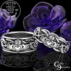 His Hers Sterling Claddagh Ring Set, Modern Claddagh Wedding Rings, Matching Celtic Wedding Bands, Irish Love Rings, 1683 1687