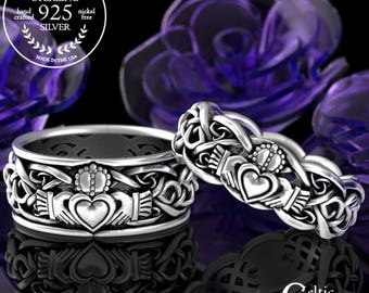 His Hers Sterling Claddagh Ring Set, Modern Claddagh Wedding Rings, Matching Celtic Wedding Bands, Irish Love Rings, 1683 1687