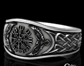 Gold Or Platinum Vegvísir Wayfinder Statement Ring, Norse Seekers Compass Wedding Band, Odin's Compass Viking Sigil Handfasting Ring, 1159