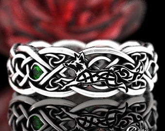 Emerald Fox Wedding Ring, Sterling Silver Fox Wedding Band, Celtic Fox Wedding Ring, Irish Fox Wedding Ring, Sterling Emerald Fox, 4454
