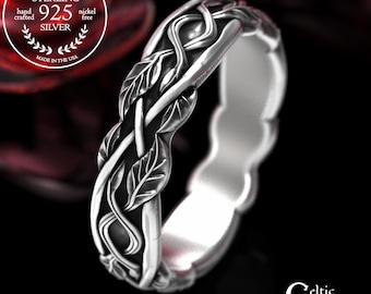Bride's Elegant Leaf Motif Wedding Band, Sterling Forest Anniversary Ring, Woman's Delicate Marriage Band, Woven Celtic Tree Branches, 2050