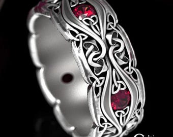 Ruby & Sterling Silver Ring, Mens Celtic Mushroom Ring, Wide Celtic Mens Wedding Band, Mens Silver Wedding Ring, Mushroom Ring, 1535