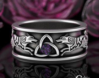 Mens Sterling Wolf Ring, Alexandrite Viking Wedding Band, Norse Wolves Wedding Ring, Alexandrite Celtic Silver Ring, Nordic Trinity, 3103