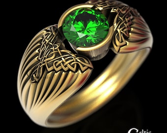 Gold Emerald Raven Ring, Celtic Wedding Ring, Mens Emerald Ring, Platinum Raven Ring, Bird Wedding Ring, Gold Viking Ring, Celtic Bird, 1491