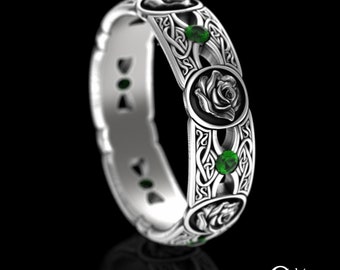 Sterling Rose Flower Ring, Emerald Irish Flower Wedding Ring, Womens Woven Emerald Scottish Ring, Silver Knotwork Heart Wedding Band, 3046