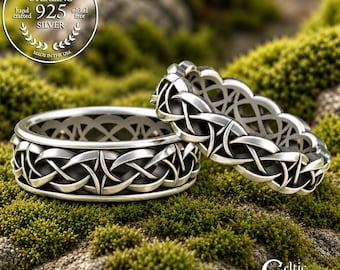 Matching Classic Celtic Knotwork Ring Set, Sterling His Hers Endless Love Knot Wedding Bands, Couples Simple Irish Wedding Rings, 1302 4019