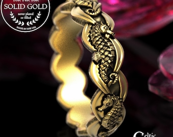 Gold Bridal Seahorse Ring, 14K White Gold Nautical Wedding Band, Platinum Ocean Animal Ring, 2100