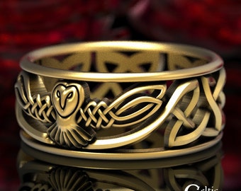 Gold Owl Ring, Celtic Owl Ring, Gold Celtic Wedding Band, Celtic Wedding Ring, Barn Owl Ring, Platinum Wedding Ring, Unique Celtic Ring,1016