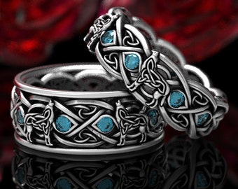 His & Hers Sterling Silver Celtic Wolf Ring Set, Blue Spinel Wedding Set, Eternity Band Celtic Wolf Jewelry, Wolf Wedding Band Set 1267 1269