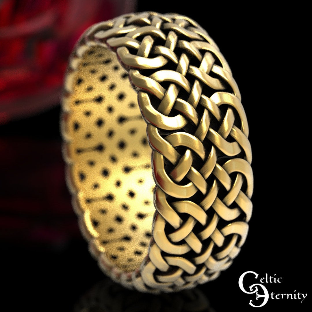 Mens Gold Celtic Ring, Celtic Knotwork Ring in Gold, Mens White Gold Woven Ring, Wide Gold