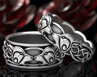 Wolf Wedding Ring Set, Celtic Wolf Ring Set, Mens Wedding Band, Matching Wolf Wedding Bands, Norse Wolf Ring Set, Celtic Knot Ring 1307 1308