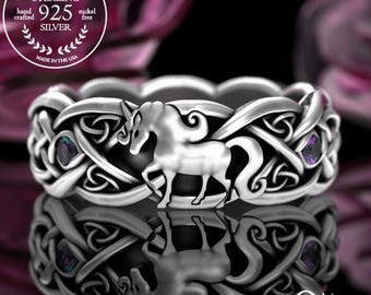 Sterling Gemstone Unicorn Ring, Silver Mystic Steed Ring, Women's Celtic Mythic Stallion Ring, Silver Celestial Horse Ring, Pony Ring, 3032