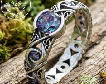 Celtic Alexandrite Engagement Ring, Sterling Alexandrite Wedding Ring, Women's Scottish Infinity Ring, Emerald Bridal Marriage Band, 1741