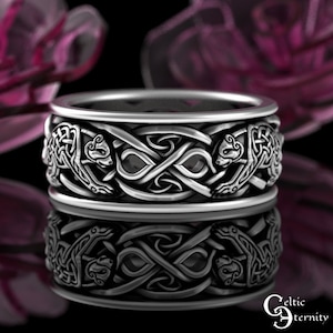 Mens Nordic Bear Wedding Ring, Sterling Scottish Bears Ring, Irish Knotwork Bear, Grizzly Bear Ring, Grooms Animal Ring, Life Partner, 3094