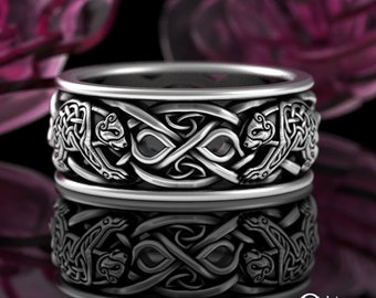Mens Nordic Bear Wedding Ring, Sterling Scottish Bears Ring, Irish Knotwork Bear, Grizzly Bear Ring, Grooms Animal Handfasting Ring, 3094
