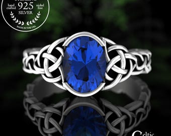 Classic Bridal Sapphire Solitaire Ring, Sterling Irish Bezel Ring, Silver Low Profile Engagement Ring, Silver Welsh Oval Proposal Ring, 4045