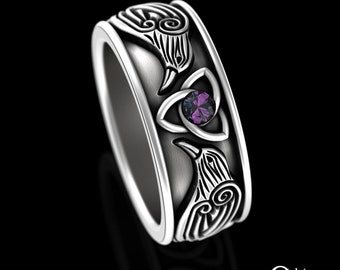 Sterling Alexandrite Ravens Ring, Silver Odin Viking Wedding Band, Mens Bird Nordic Ring, Warrior Norse Wedding Ring, Bird Crow Ring, 3175