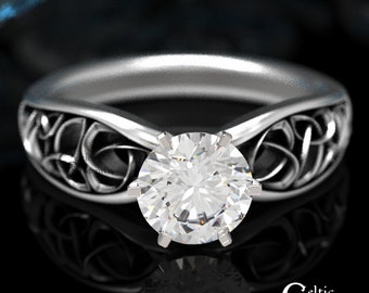 Celtic Moissanite Solitaire Ring, Celtic Engagement Ring, Diamond Wedding Ring, Sterling Engagement Ring, Modern Celtic Wedding Ring, 1427