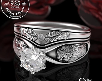 Sterling Owl Engagement Ring & Moissanite Fitted Wedding Ring Set, 3166 5014
