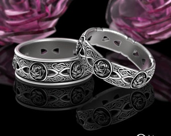 Matching Celtic Roses Wedding Ring Set, His Hers Sterling Silver Botanical Ring Set, Irish Blooming Rose Wedding Bands, Flowers, 3044 3043