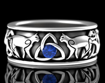 Silver Celtic Cat Ring, Sterling Sapphire Cat Wedding Ring, Irish Cat, Scottish Cat, Knotwork Ring, Sapphire Irish Ring, Trinity Knot, 3107