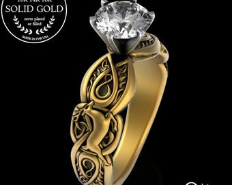 Gold Running Deer Solitaire Ring, 10K Moissanite Antler Buck Engagement Ring Set, 14K Gold Bridal Wedding Ring, Irish Celtic Scottish, 3135