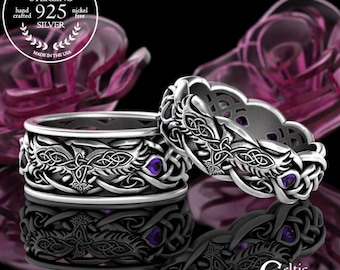 His Hers Viking Wedding Rings, Sterling Raven Ring Set, Amethyst Celtic Rings, Raven Wedding Bands, Celtic Raven Wedding Rings, 4728 4729