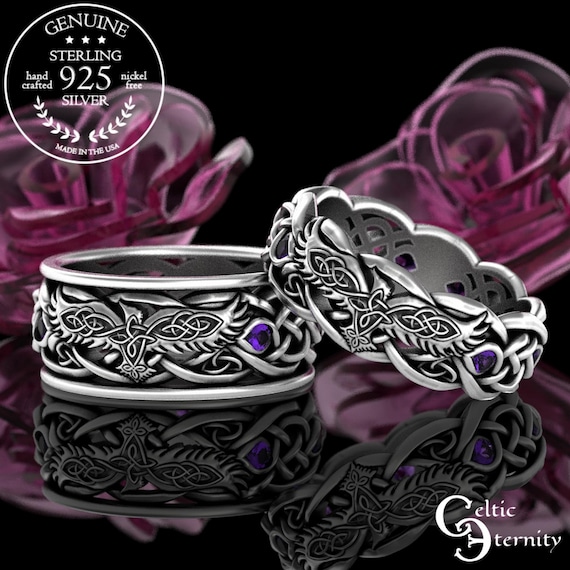 His Hers Viking Wedding Rings Sterling Raven Ring Set Amethyst Celtic Rings Raven Wedding Bands Celtic Raven Wedding Rings 4728 4729 Etsy Canada