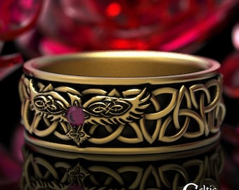 Gold Celtic Raven Ring with Ruby, Men's Gold Wedding Band, Gold Raven Ring, Gold Fantasy Ring, Celtic Raven Ring in Gold, 1696