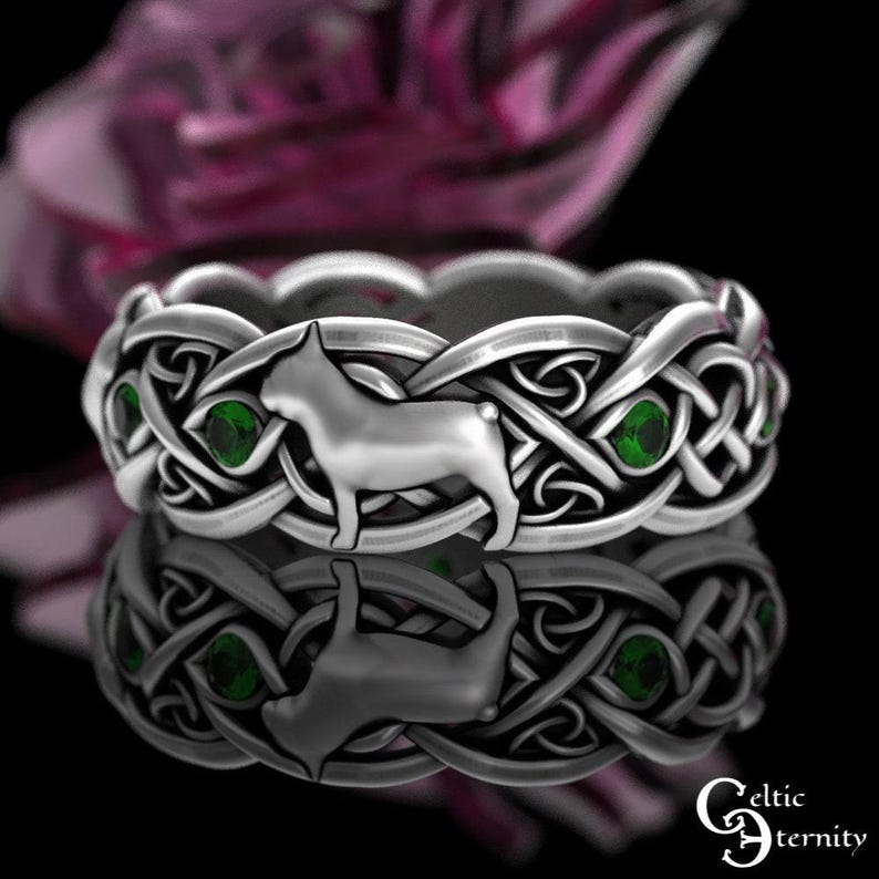 Sterling Silver Frenchie Celtic Ring, Bulldog Gemstone Irish Weave Ring ...
