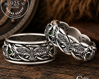 Matching Emerald Raven Wolf Ring Set, His Hers Sterling Celtic Matching Ring Set, Irish Emerald Wedding Bands, Wedding Ring Set, 4696 4697