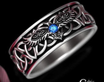 Mens Raven Ring, Sterling Celtic Raven Ring, Silver Mens Celtic Ring, Mens Wedding Band, Sapphire Raven Ring, Mens Sapphire Ring, 1696