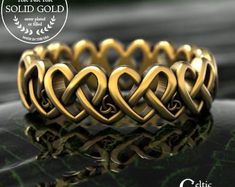 Woven 10K Gold Heart Ring, 14K White Gold Celtic Heart Knotwork Wedding Band, Womens Irish Love Ring, Platinum Interlocking Hearts Ring,1999