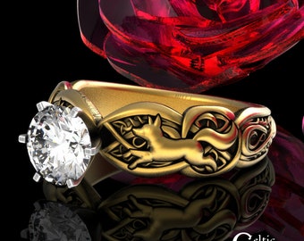 Gold Celtic Fox Bridal Ring, Kitsune Gemstone Solitaire Ring, Moissanite Faoladh Engagement Ring, Platinum Path Finder Proposal Ring, 3071