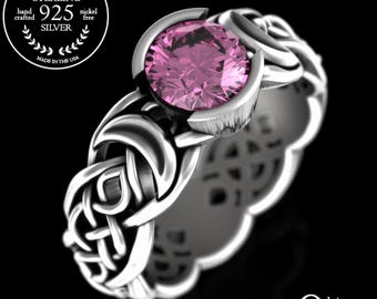 Pink Sapphire Crescent Moon Ring, Sterling Silver Celtic Wedding Ring, Irish Moon Ring, Womens Witch Ring, Magic Moon Goddess, 4493